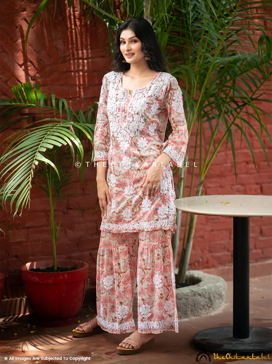 Tarz Mulmul Cotton Chikankari Kurta Garara Set - Peach - Image 8