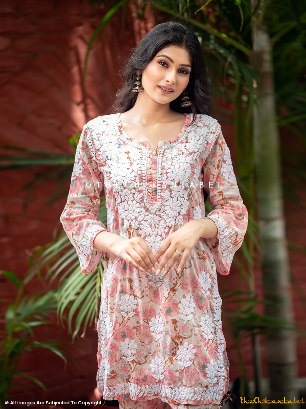 Tarz Mulmul Cotton Chikankari Kurta Garara Set - Peach - Image 9