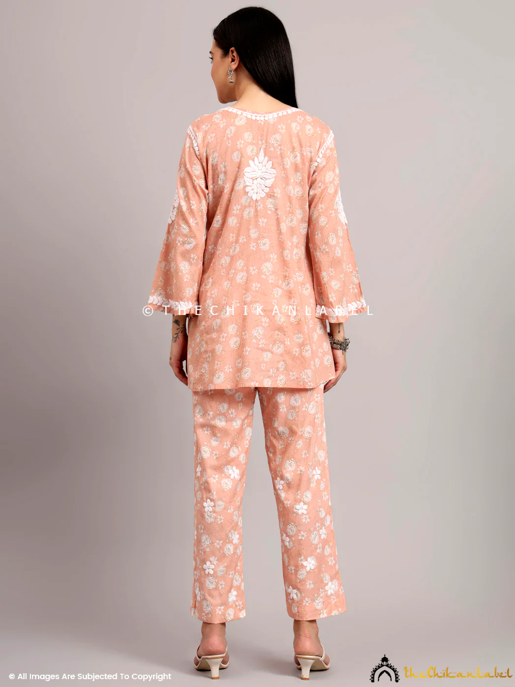 Vedika Mulmul Cotton Chikankari Co-ord Set - Peach - Image 3