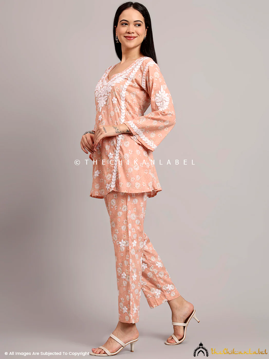 Vedika Mulmul Cotton Chikankari Co-ord Set - Peach - Image 4