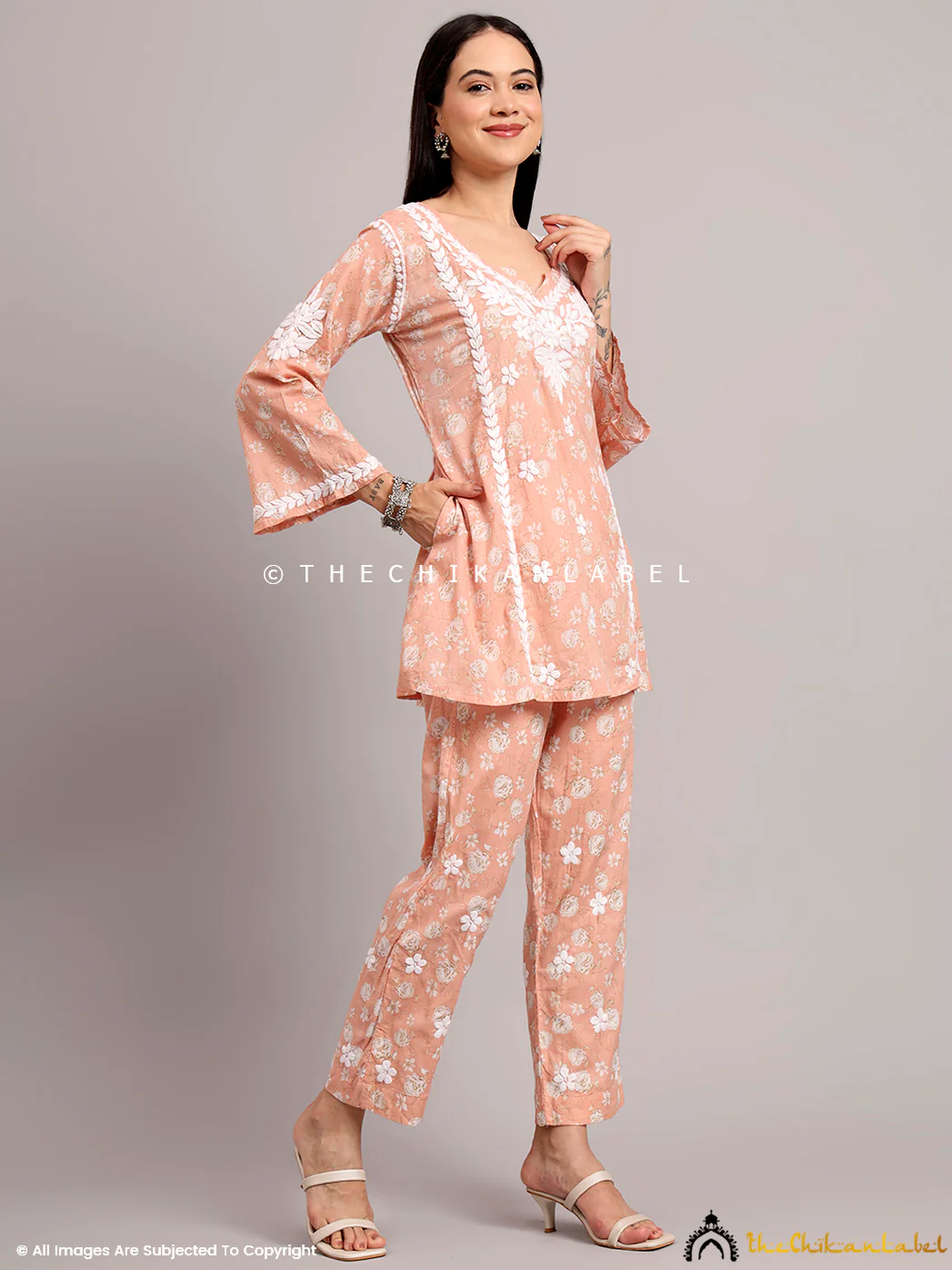 Vedika Mulmul Cotton Chikankari Co-ord Set - Peach - Image 5