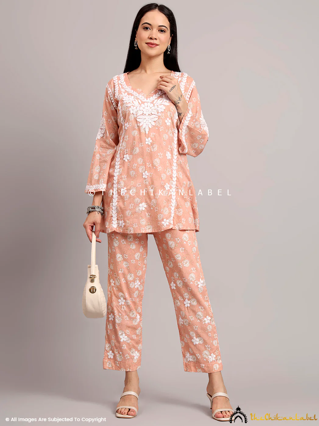 Vedika Mulmul Cotton Chikankari Co-ord Set - Peach - Image 6