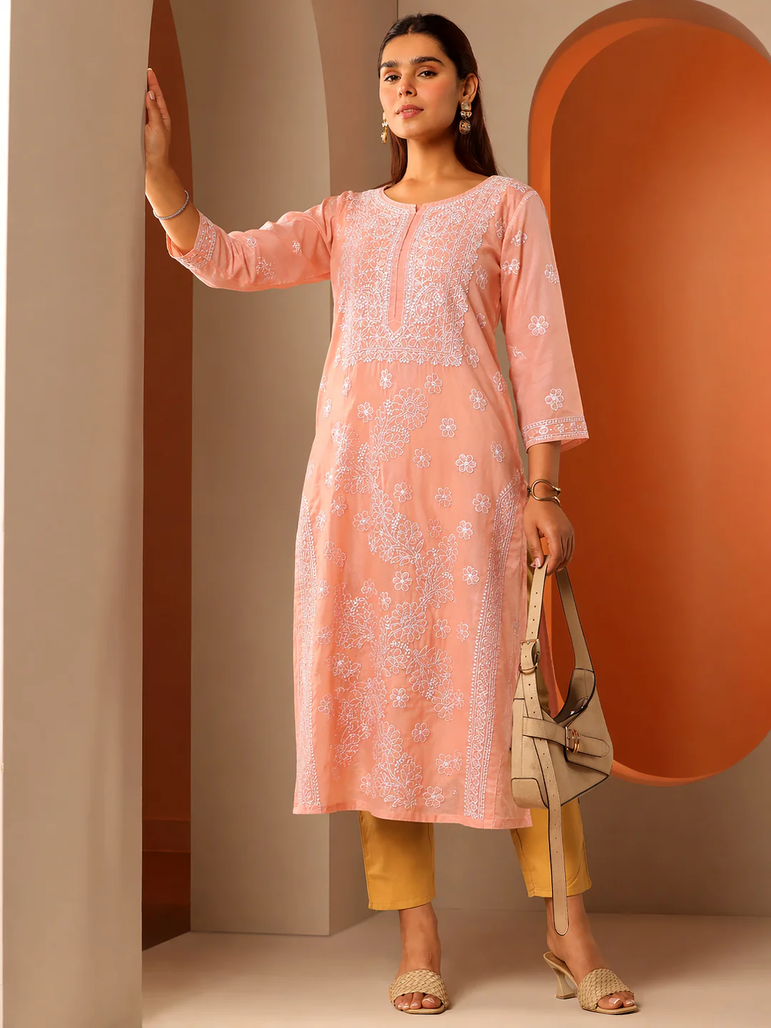 Peach Vira Cotton Chikankari Straight Kurti with inner