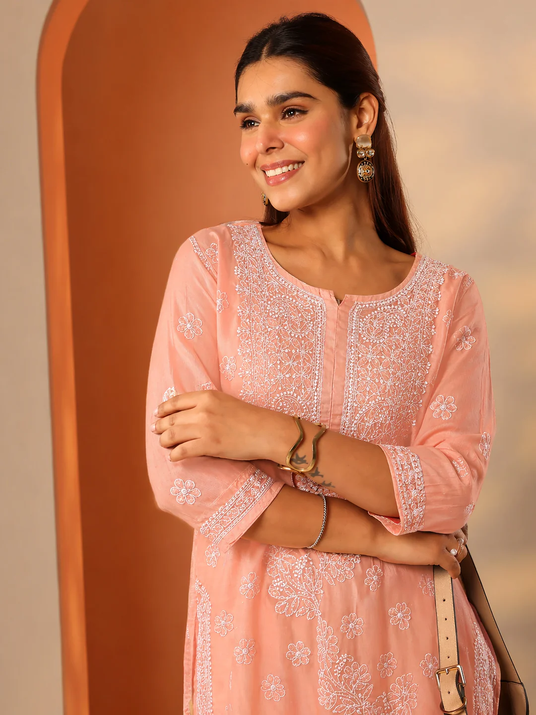 Peach Vira Cotton Chikankari Straight Kurti with inner - Image 2