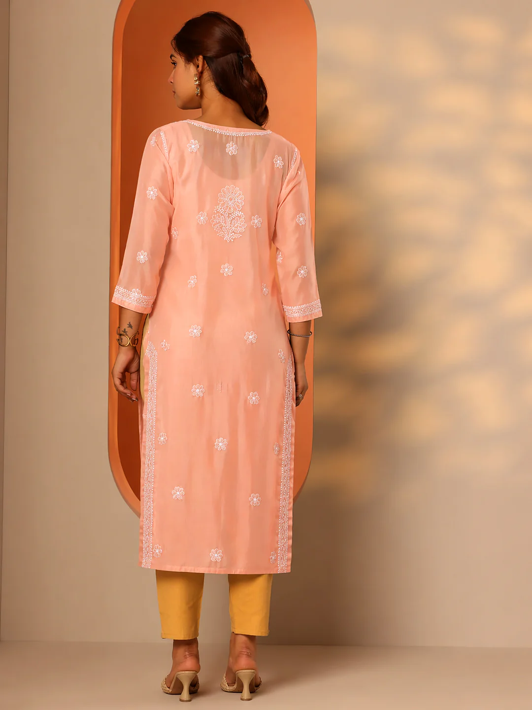 Peach Vira Cotton Chikankari Straight Kurti with inner - Image 3