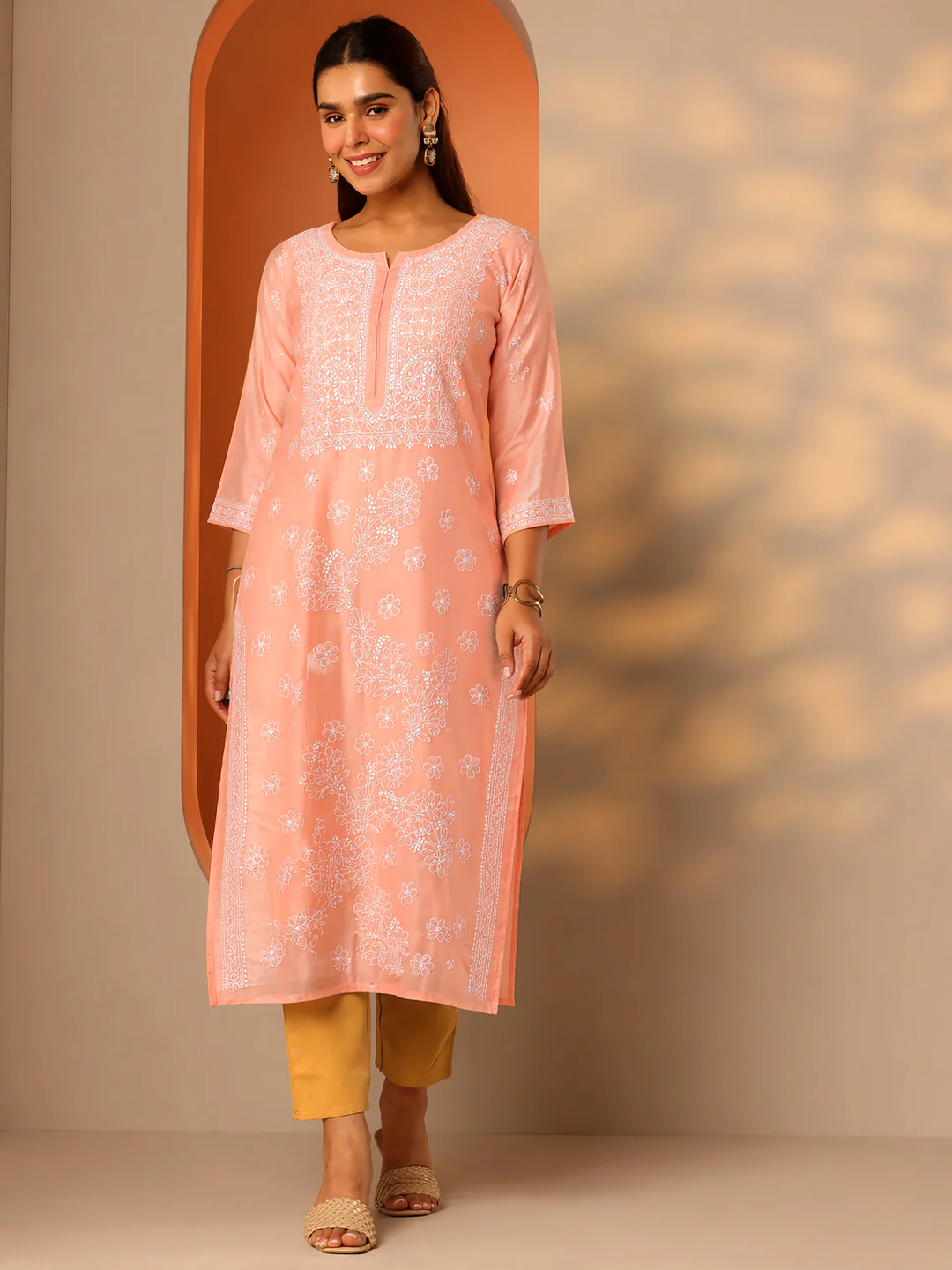 Peach Vira Cotton Chikankari Straight Kurti with inner - Image 5