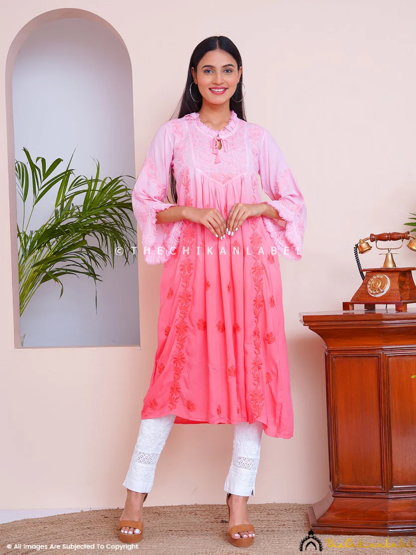 Peach Zahrah Muslin Chikankari Jhalar Yok Anarkali - Image 4