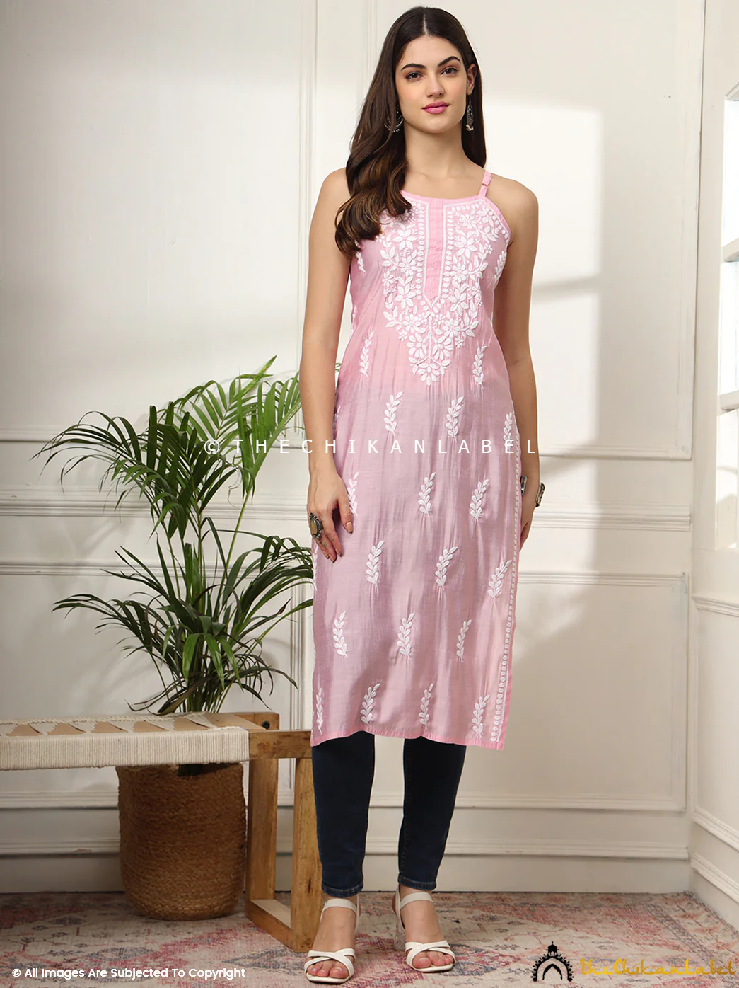 Zubaida Chanderi Chikankari Strappy Kurta - Peach - Image 4