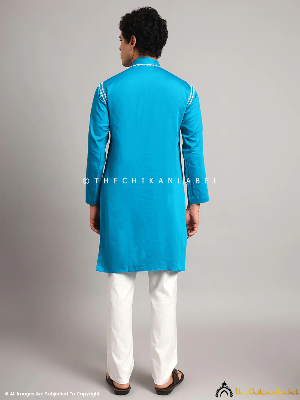 Peacock Blue Uman Cotton Chikankari Men's Kurta - Image 3