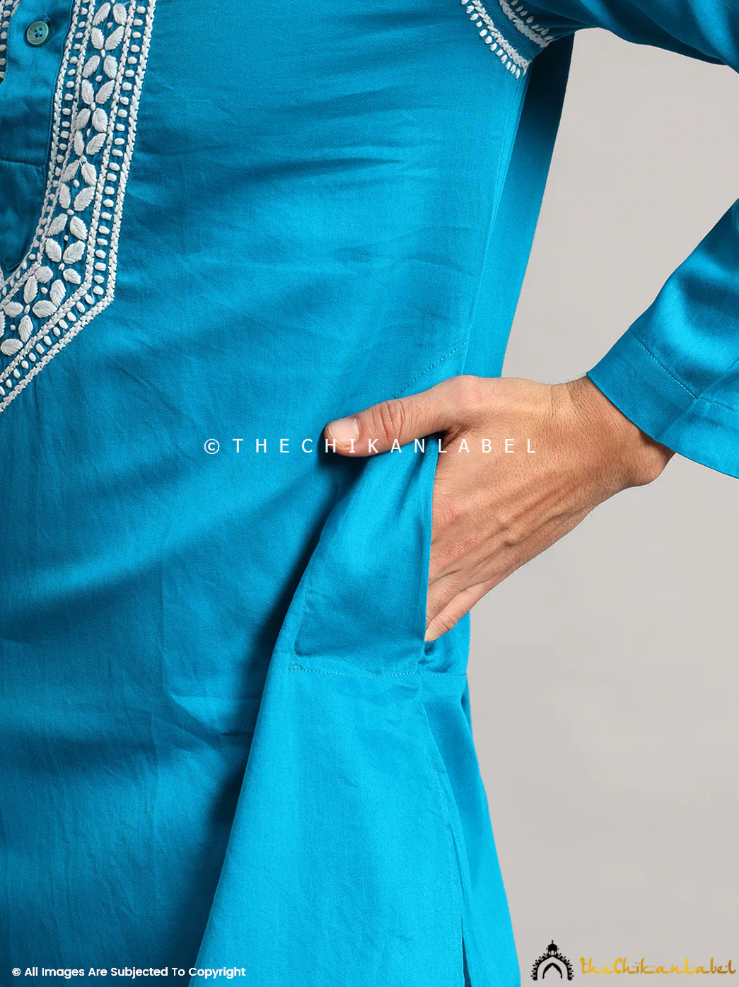 Peacock Blue Uman Cotton Chikankari Men's Kurta - Image 4