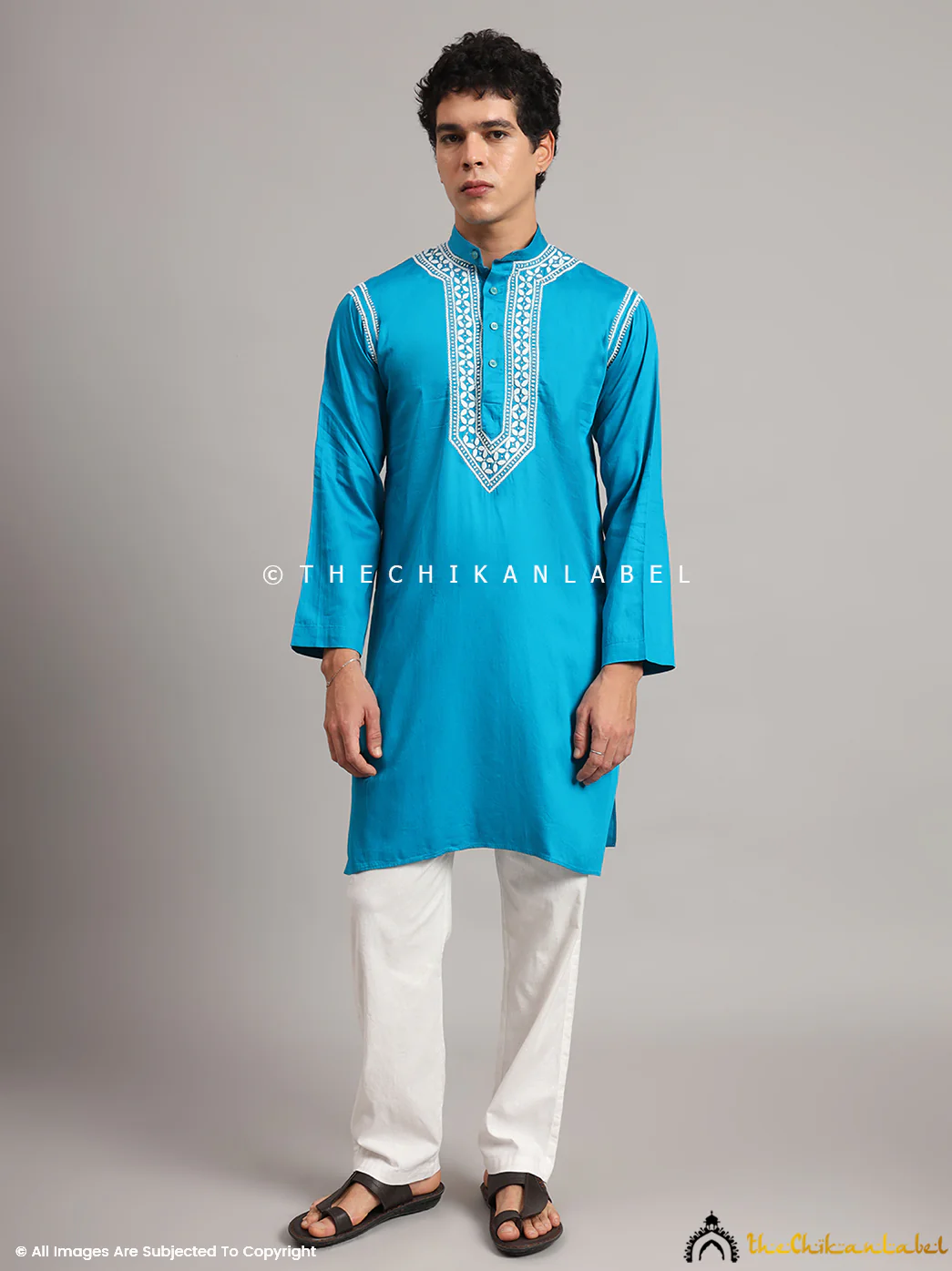 Peacock Blue Uman Cotton Chikankari Men's Kurta - Image 5
