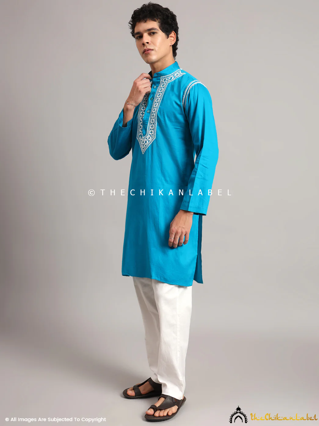 Peacock Blue Uman Cotton Chikankari Men's Kurta - Image 6