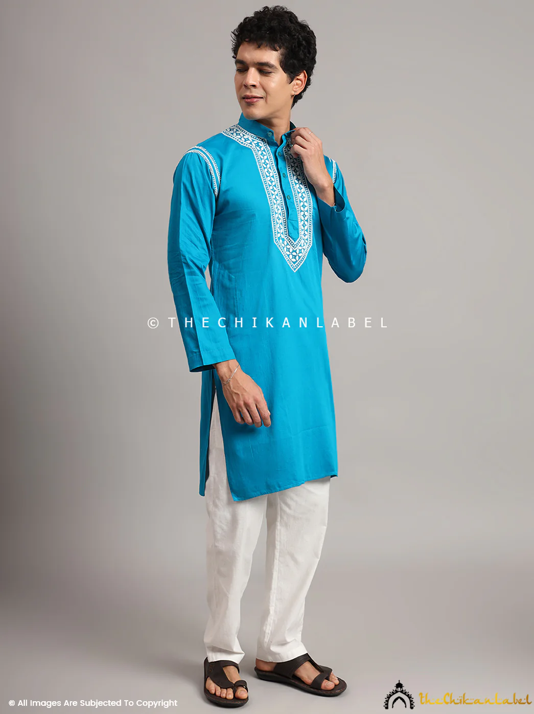 Peacock Blue Uman Cotton Chikankari Men's Kurta - Image 7