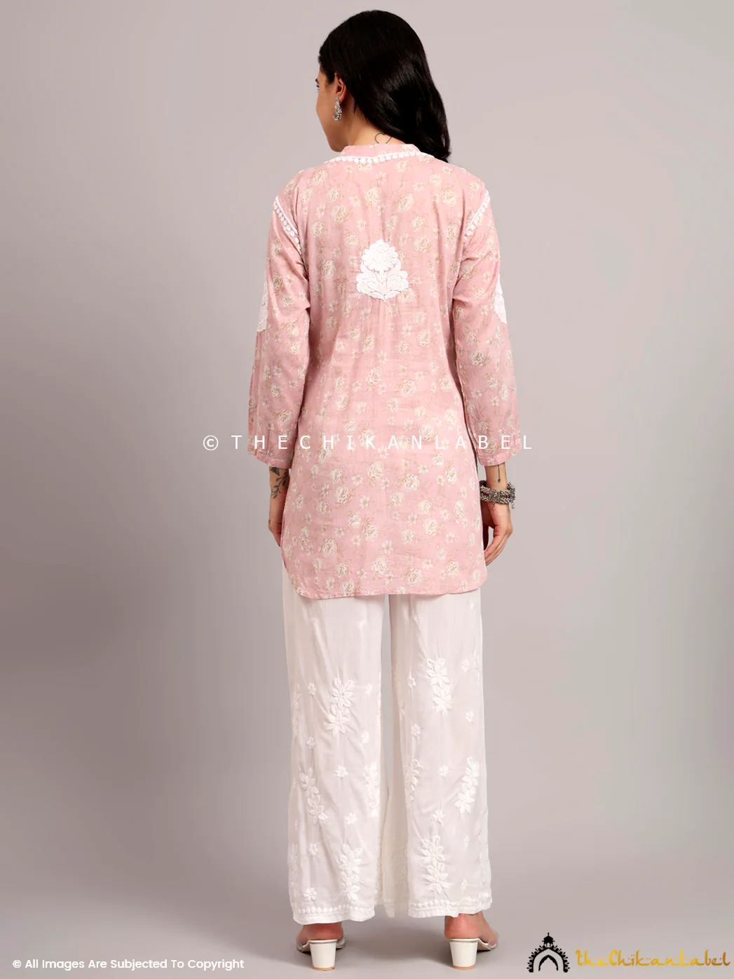 Aarini Mulmul Printed Chikankari Short Kurta - Pink - Image 3