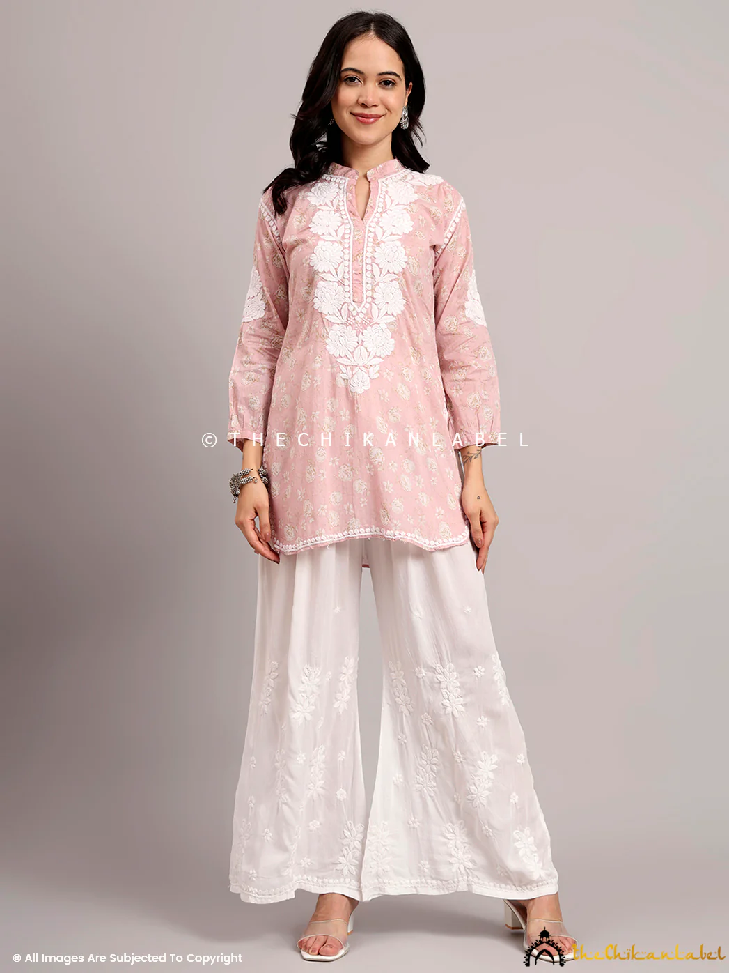 Aarini Mulmul Printed Chikankari Short Kurta - Pink - Image 4