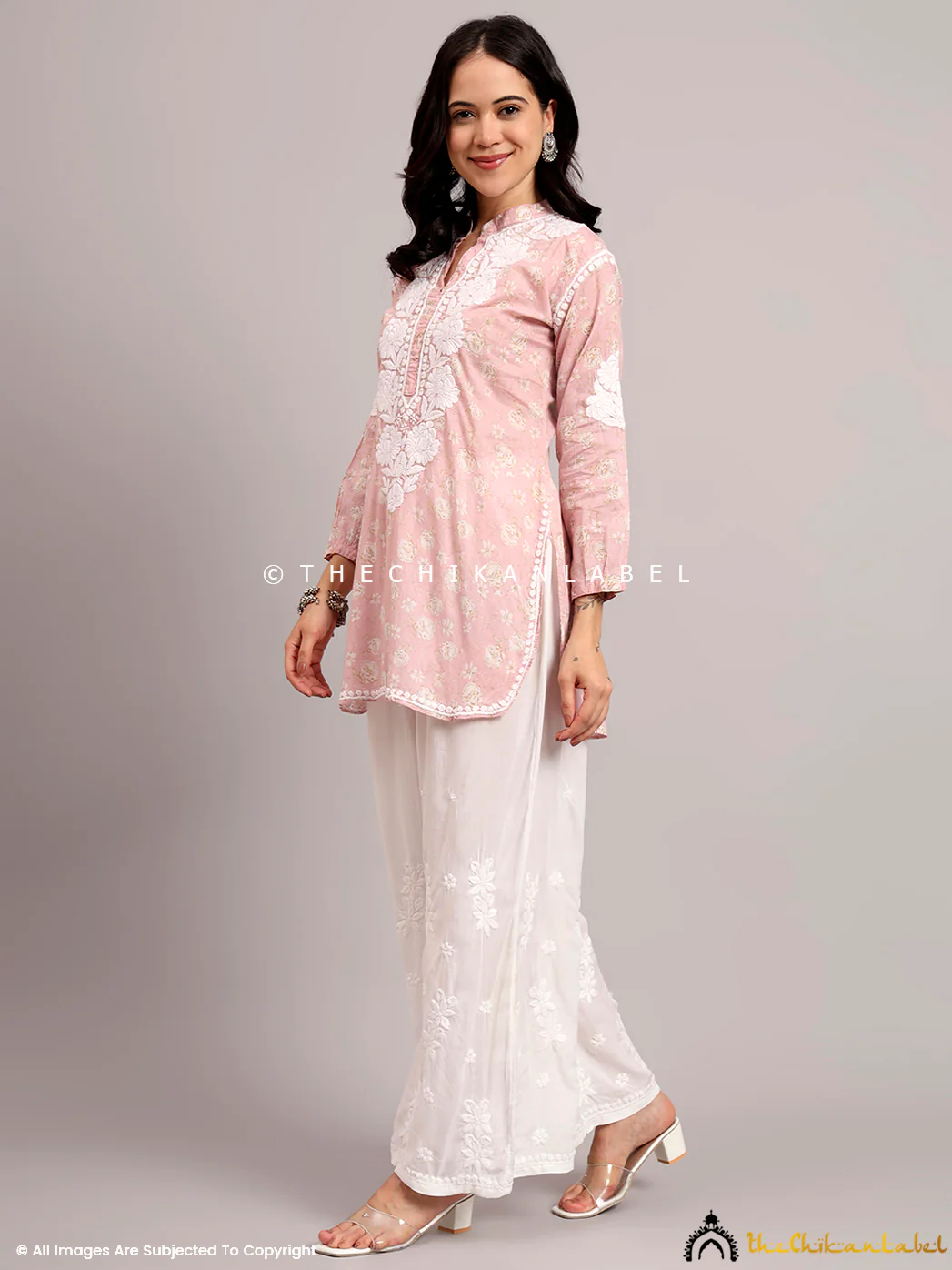 Aarini Mulmul Printed Chikankari Short Kurta - Pink - Image 5