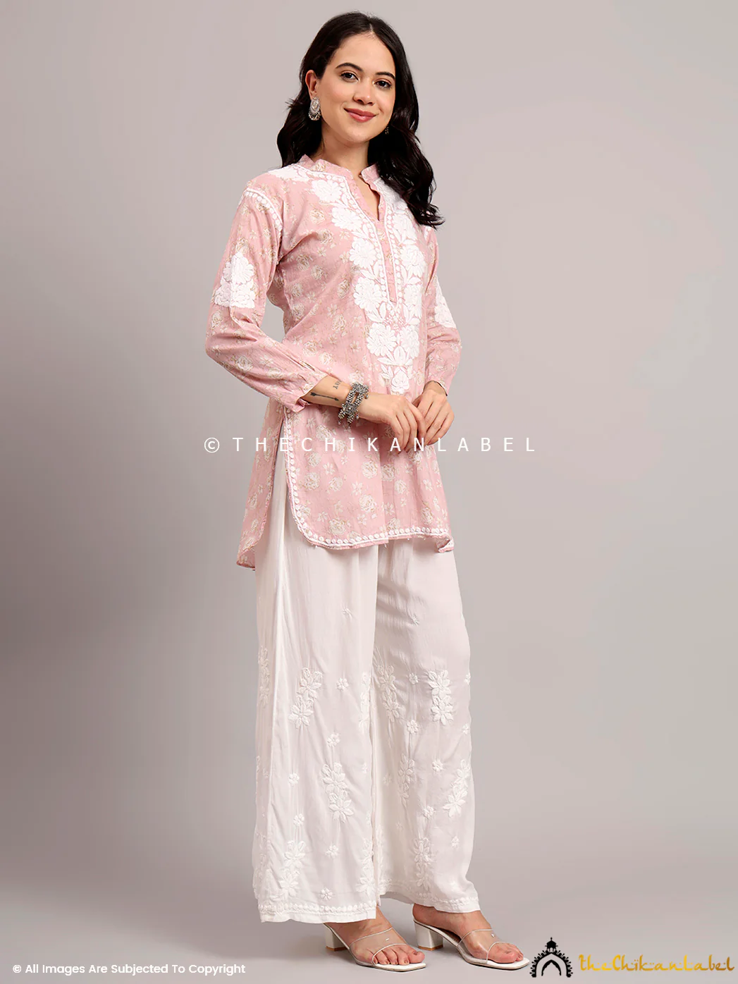 Aarini Mulmul Printed Chikankari Short Kurta - Pink - Image 6