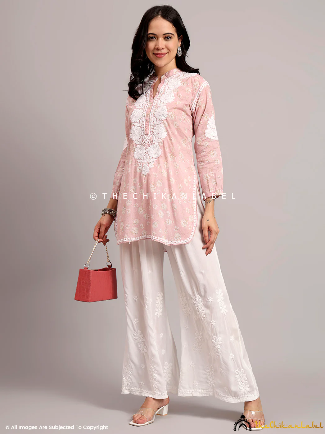 Aarini Mulmul Printed Chikankari Short Kurta - Pink - Image 7
