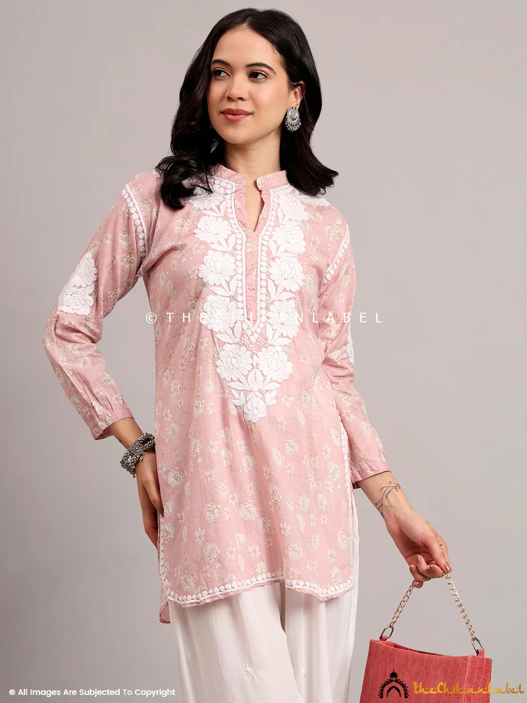 Aarini Mulmul Printed Chikankari Short Kurta - Pink - Image 8