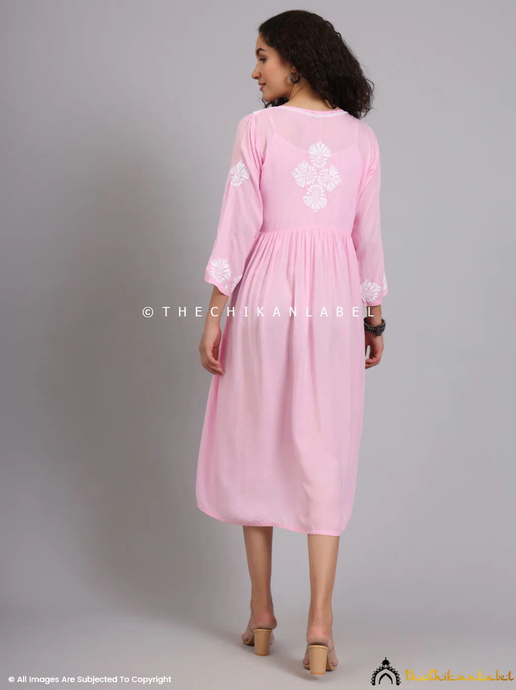 Aina Modal Chikankari Alia Cut A-Line Kurti -Pink - Image 3