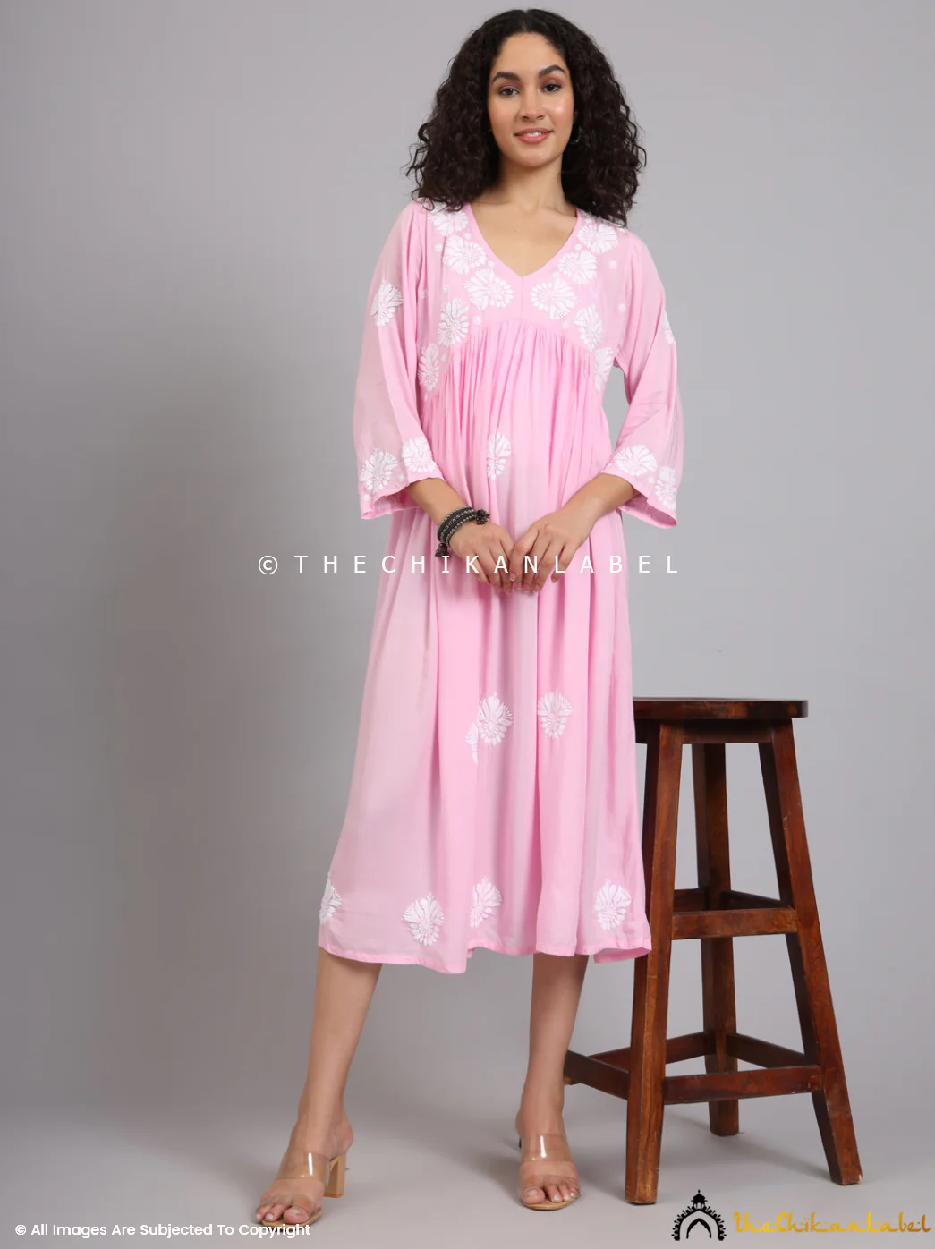 Aina Modal Chikankari Alia Cut A-Line Kurti -Pink - Image 4