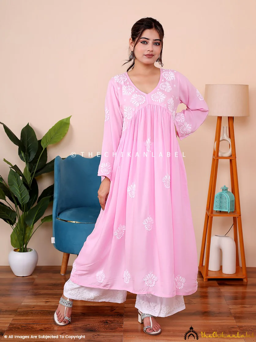 Aina Modal Chikankari Alia Cut A-Line Kurti -Pink - Image 5