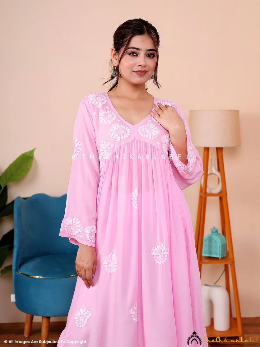 Aina Modal Chikankari Alia Cut A-Line Kurti -Pink - Image 6