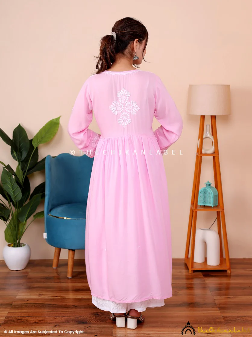 Aina Modal Chikankari Alia Cut A-Line Kurti -Pink - Image 7