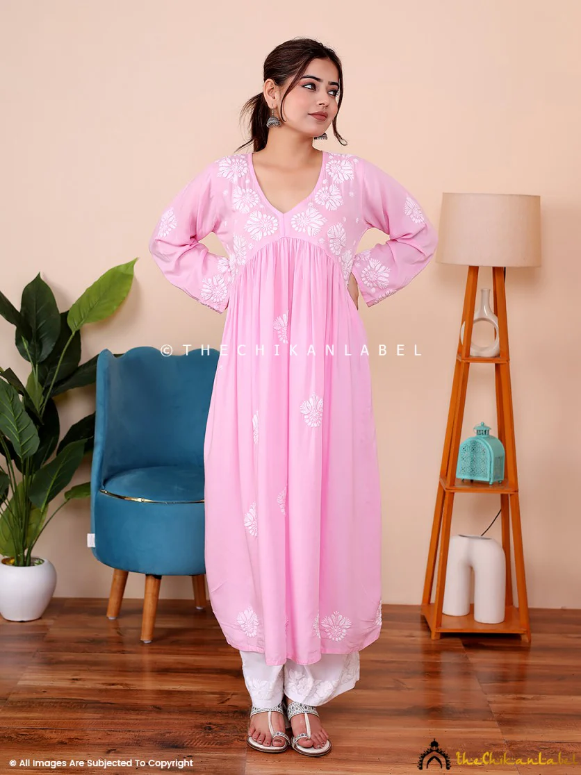 Aina Modal Chikankari Alia Cut A-Line Kurti -Pink - Image 8