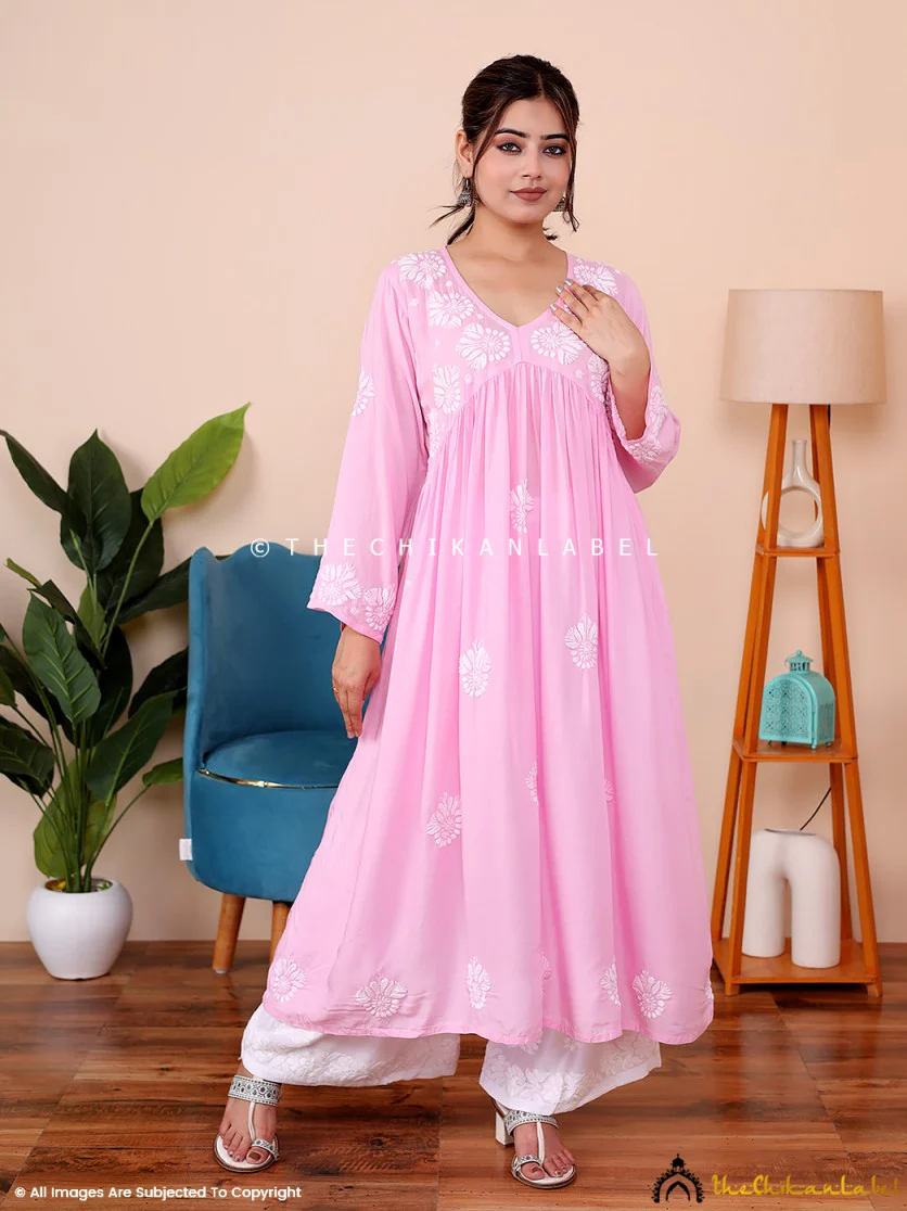 Aina Modal Chikankari Alia Cut A-Line Kurti -Pink - Image 9