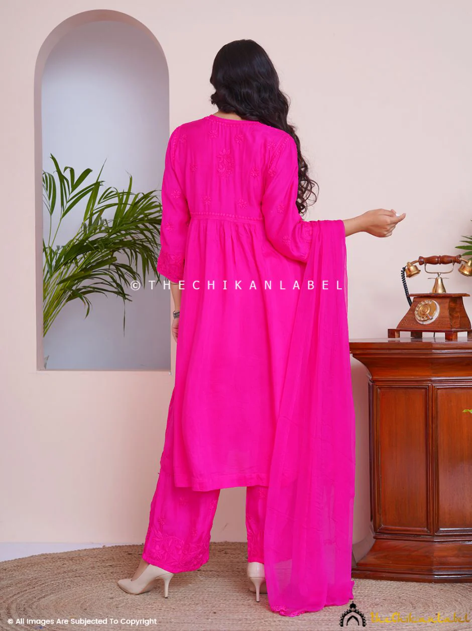 Alia Muslin Chikankari Kurta Set with Dupatta - Pink - Image 3