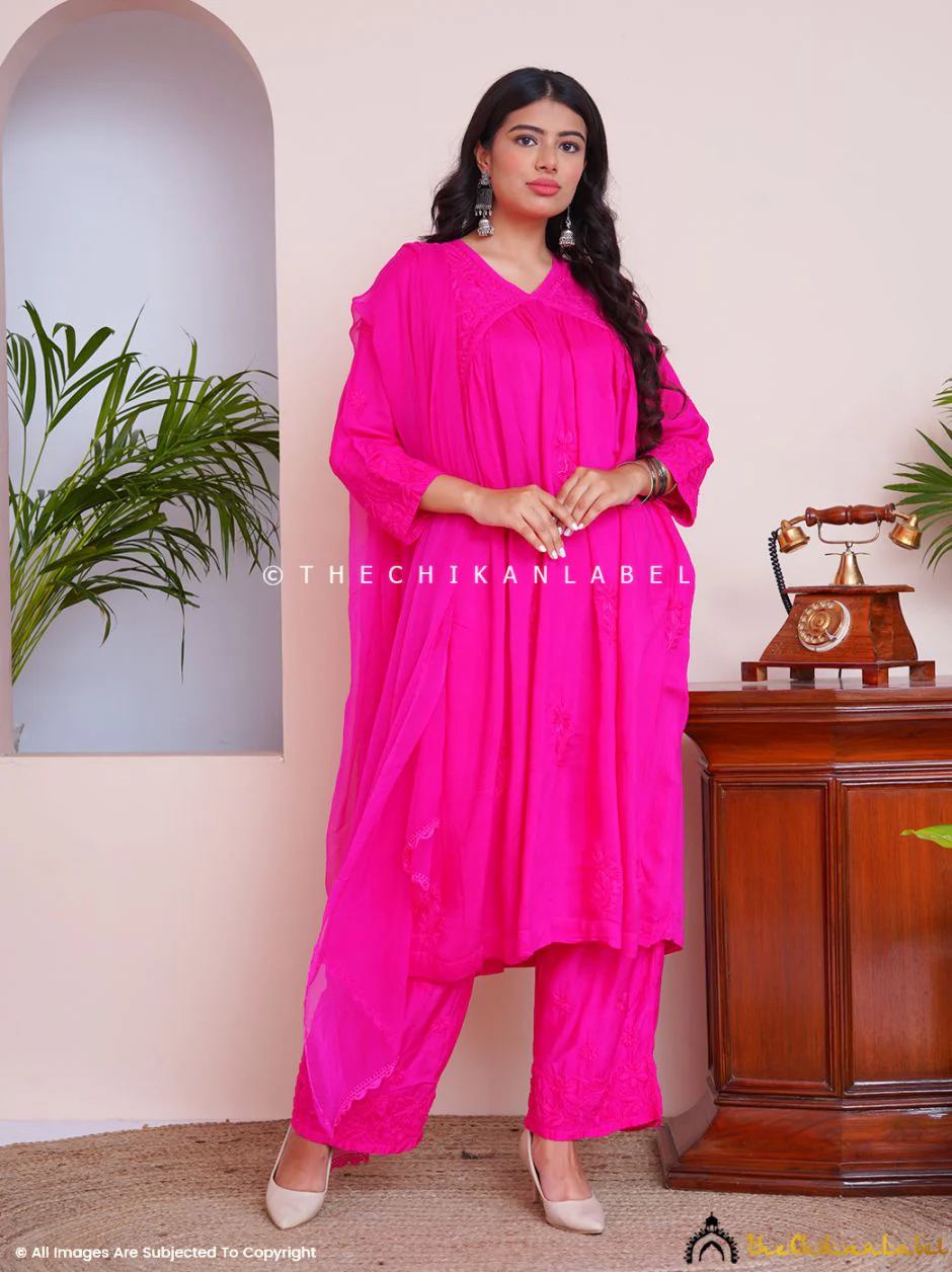 Alia Muslin Chikankari Kurta Set with Dupatta - Pink - Image 4