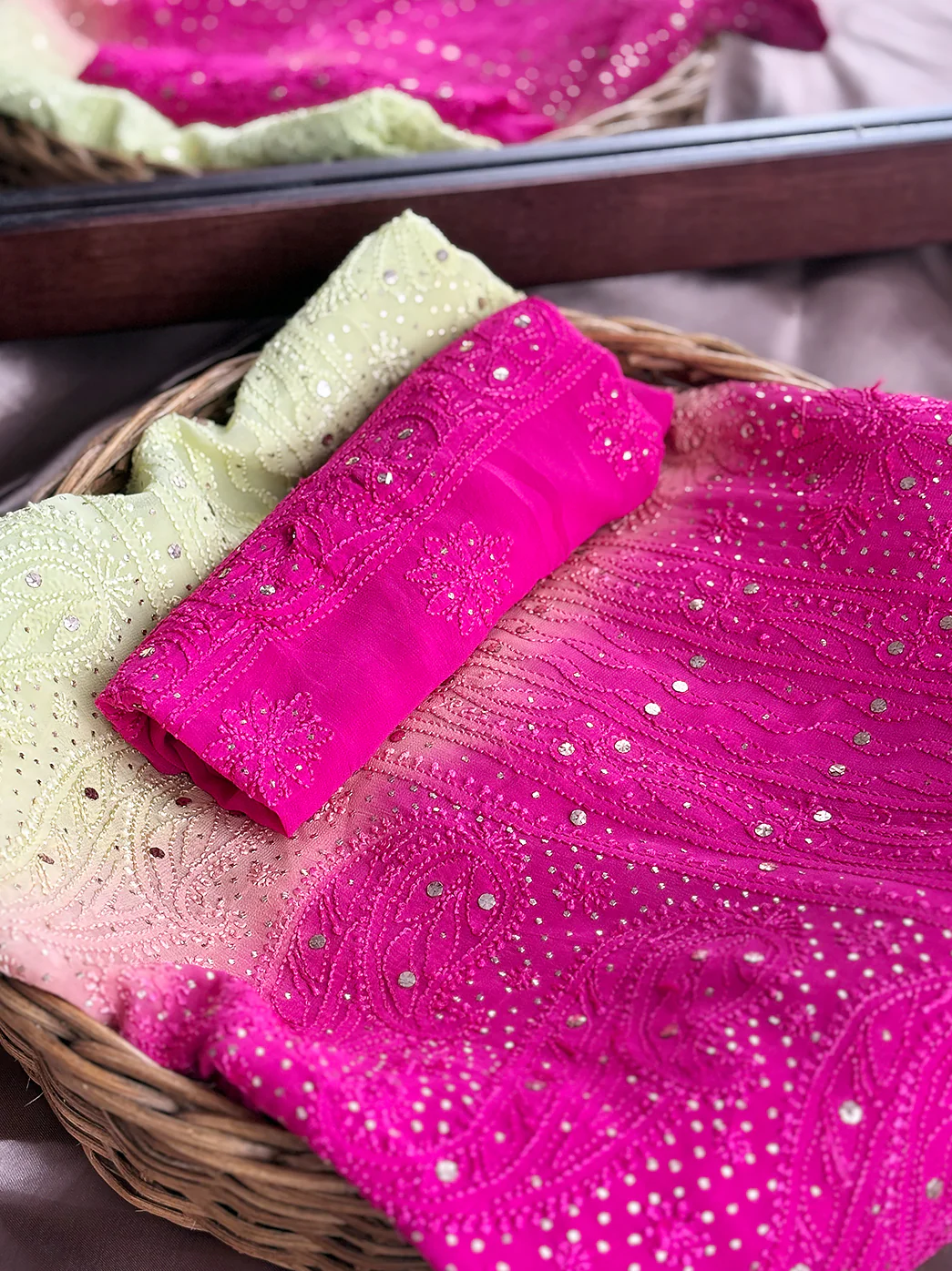 Pink and Green Ombre Viscose Chikankari Saree with Blouse Piece - Image 2