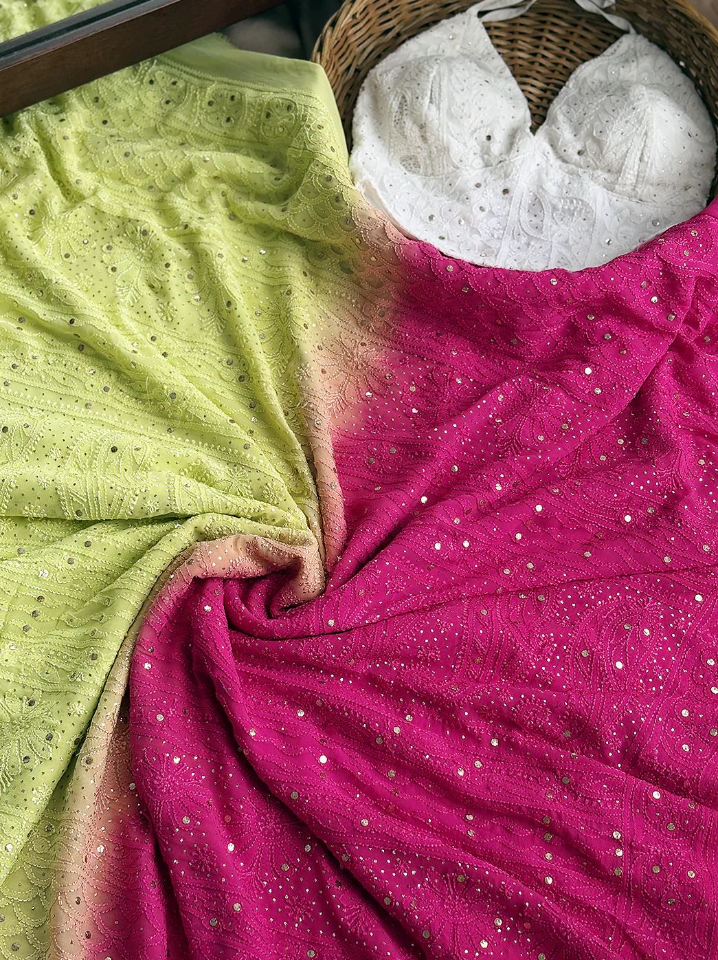 Pink and Green Ombre Viscose Chikankari Saree with Blouse Piece - Image 3
