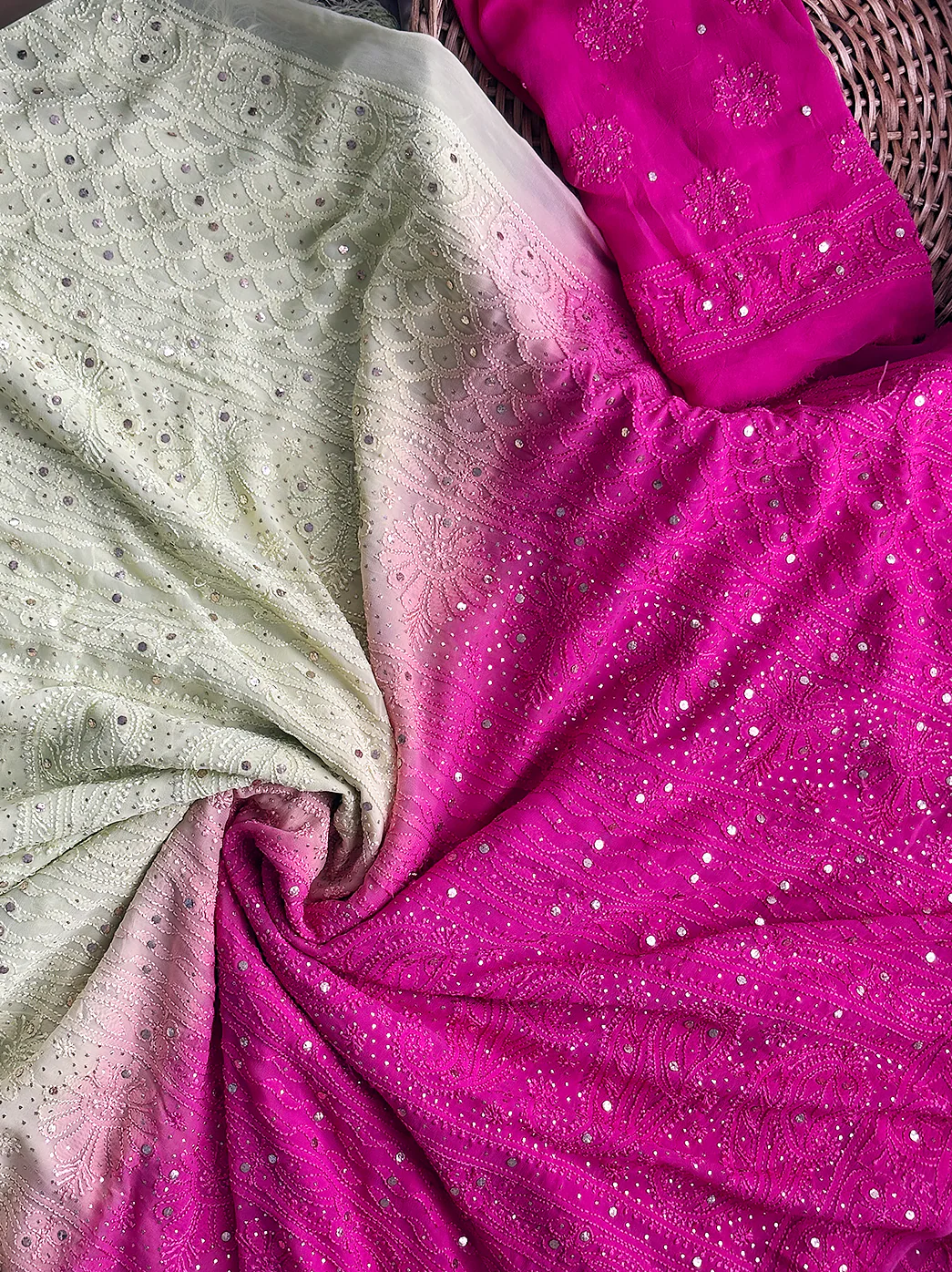 Pink and Green Ombre Viscose Chikankari Saree with Blouse Piece - Image 4