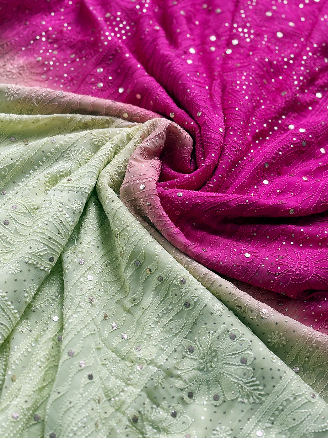 Pink and Green Ombre Viscose Chikankari Saree with Blouse Piece - Image 5