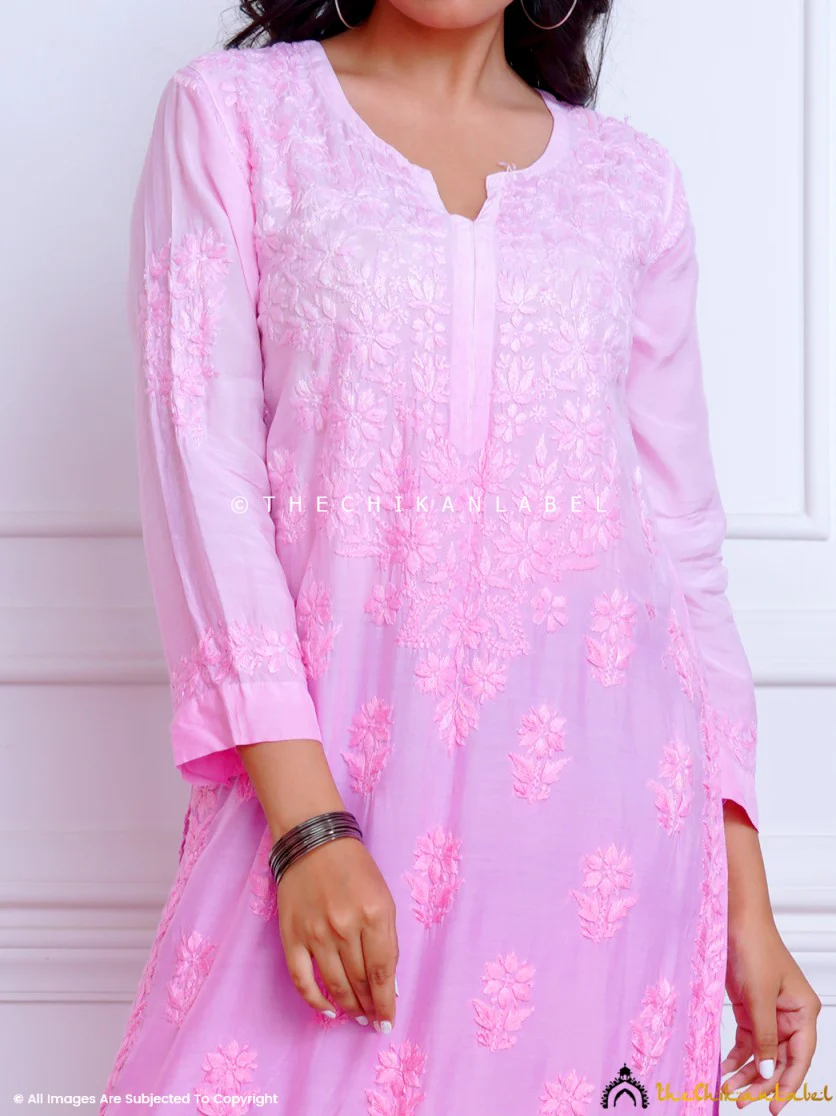 Azmi Muslin Chikankari Straight Kurti -Pink - Image 2