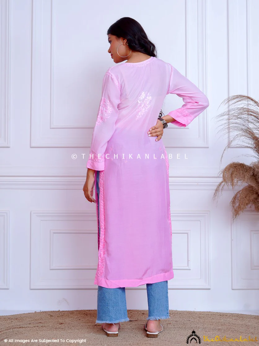 Azmi Muslin Chikankari Straight Kurti -Pink - Image 3
