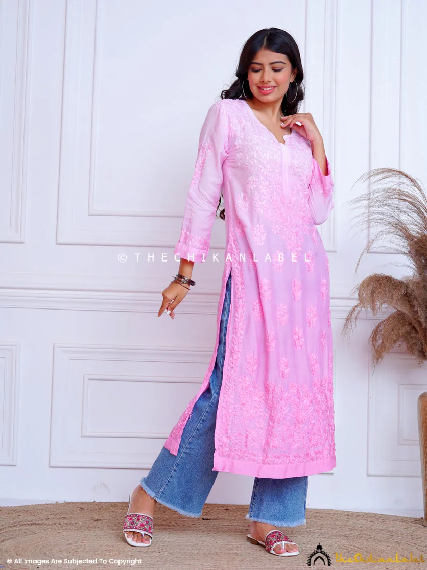 Azmi Muslin Chikankari Straight Kurti -Pink - Image 4
