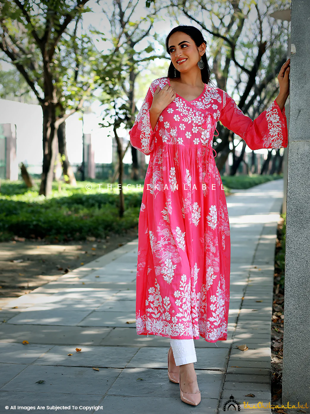 Biba Mulmul Cotton Chikankari Angrakha - Pink - Image 5