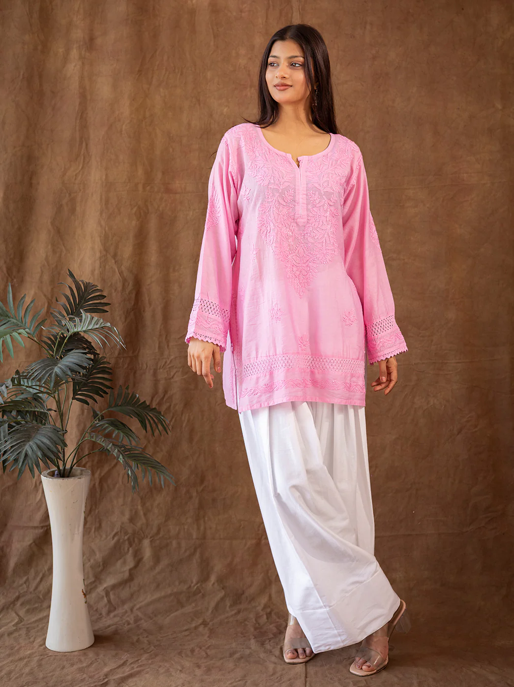 Pink Chanderi Chikankari Farshi Salwar Set - Image 4