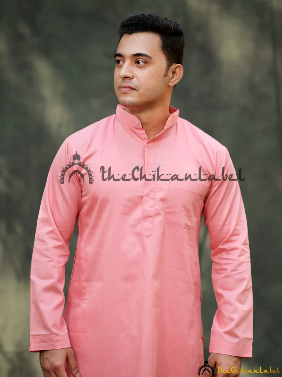 Pink Cotton Mens Kurta Lucknawi Chikankari Handmade - Image 3