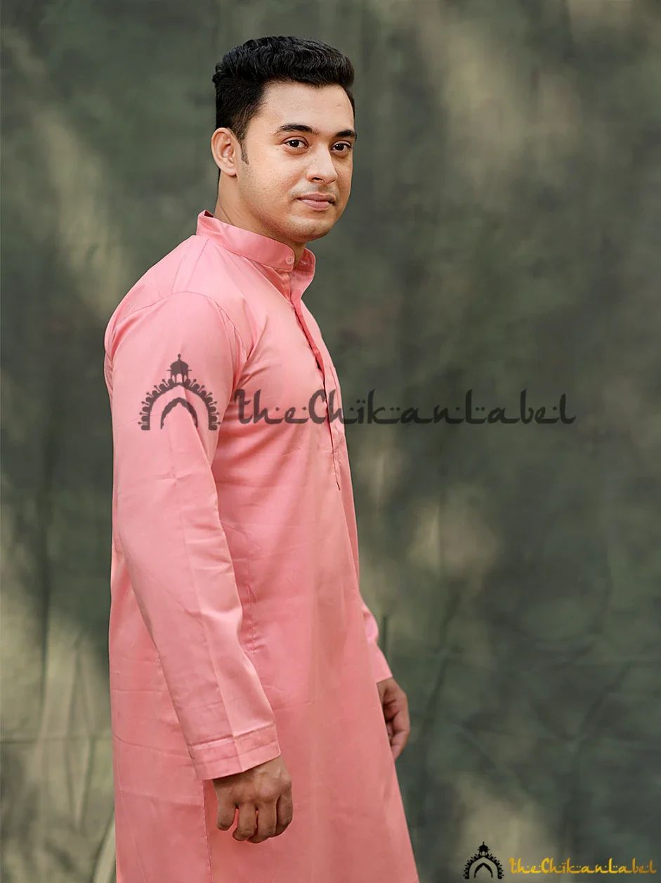 Pink Cotton Mens Kurta Lucknawi Chikankari Handmade - Image 4