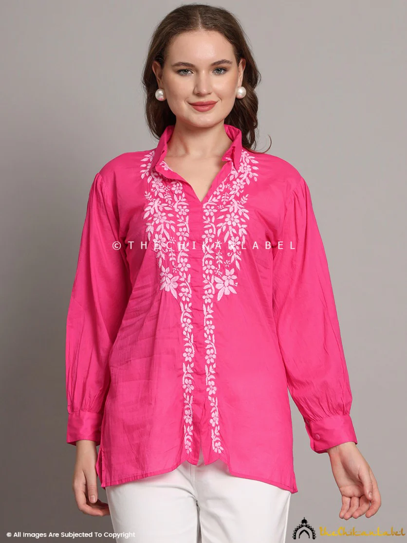 Drisha Mulmul Cotton Chikankari Shirt - Pink - Image 6