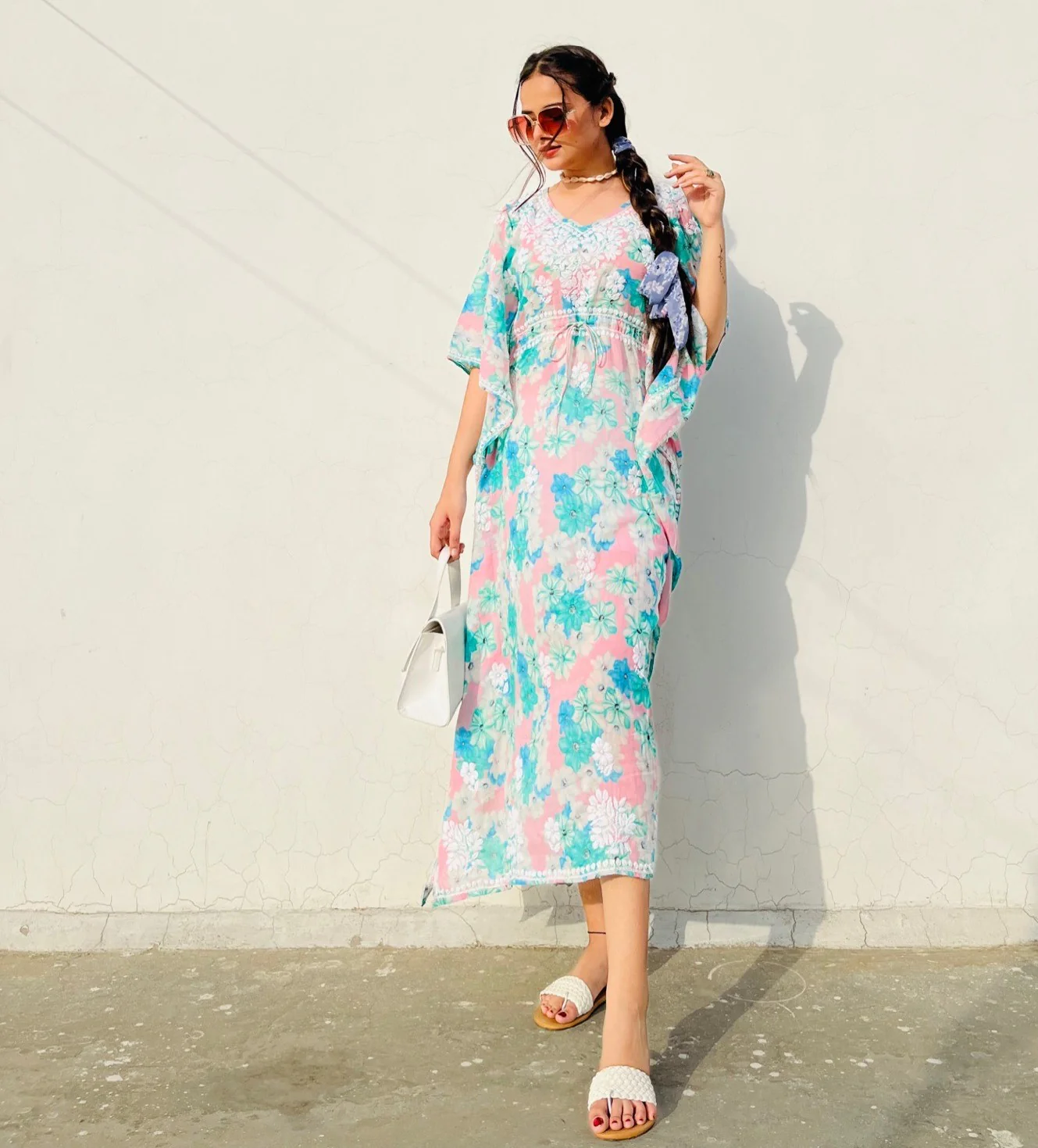 Faraha Mulmul Cotton Kaftan-Pink - Image 4