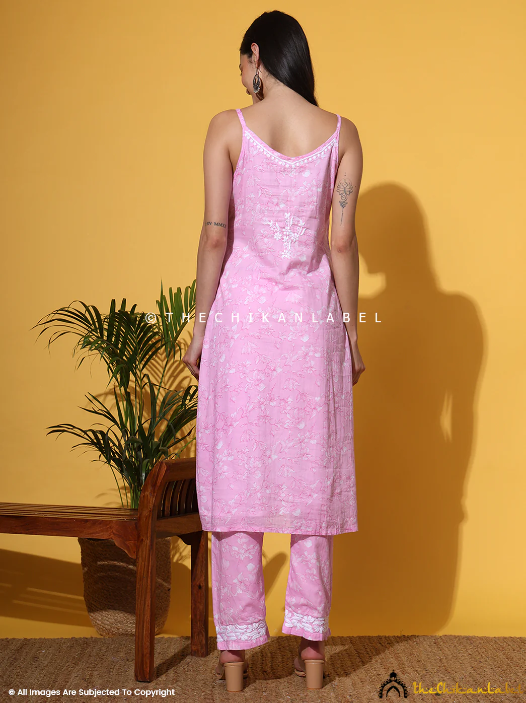 Fariha Cotton Chikankari Strappy Kurta Set - Pink - Image 3