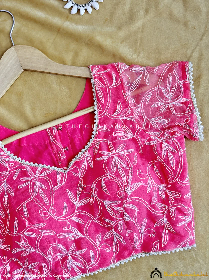 Pink Georgette Chikankari Blouse For Lucknowi Chikan Sarees - Image 3