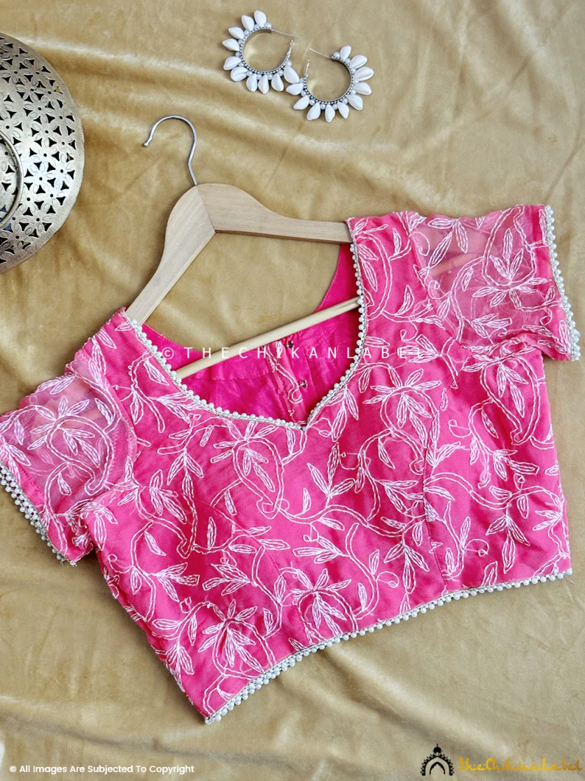 Pink Georgette Chikankari Blouse For Lucknowi Chikan Sarees - Image 4