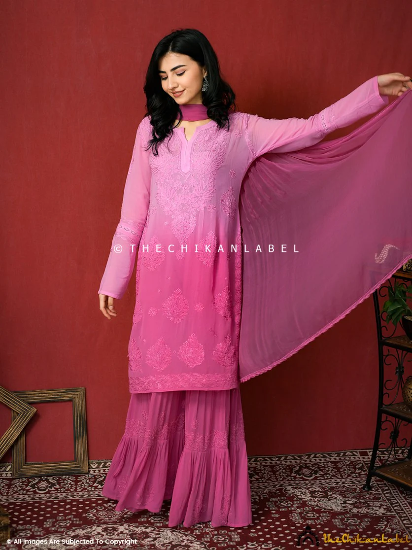 Pink Giva Viscose Chikankari Kurti Garara Set with Dupatta