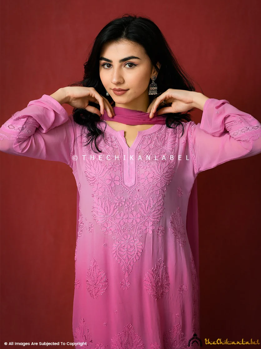 Pink Giva Viscose Chikankari Kurti Garara Set with Dupatta - Image 2